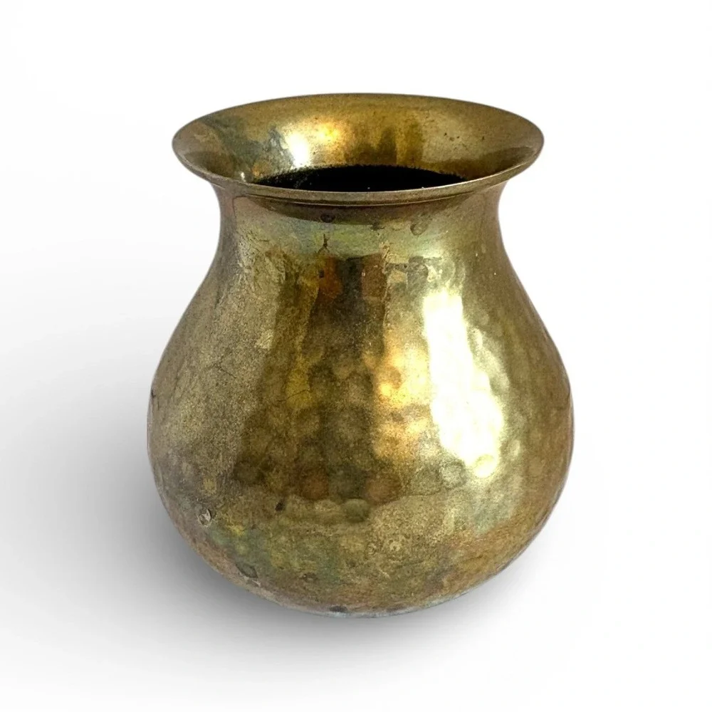 Vintage‎ Solid Brass Hammered Mini Bud Vase Made in India 3.25 Inch Bulbous Gold